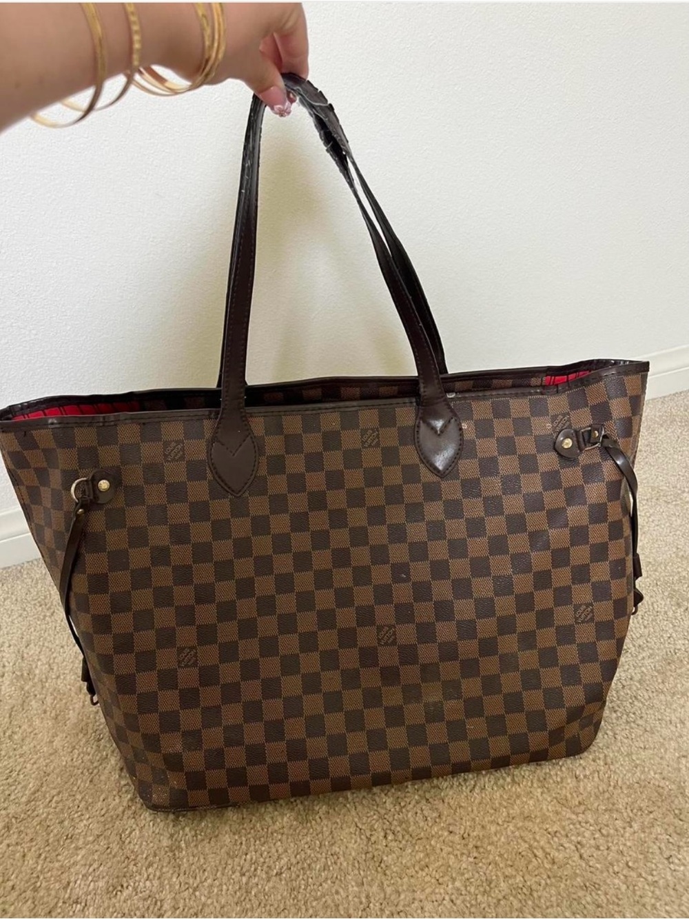 Brown Checkered Tote Bag with Dark Brown Handles